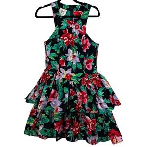 Vintage Byer Too Hawaiian Tiered Mini Dress Size 9 Ruffles Y2K Sundress Resort